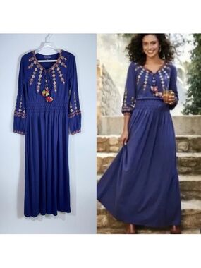 Soft Surroundings Socorro Dress Blue Embroidered Smocked Beaded Size Small NEW